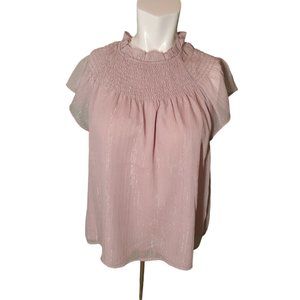 Moodie Blush Pink Boho Smocked Blouse Metallic Flutter Sleeve Peasant Top sz M